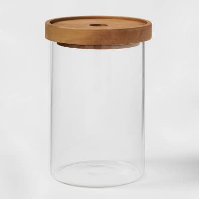 Medium Glass Storage Canister with Wood Lid - Threshold™: Clear Glass Jar with Lid, 48oz, Hand Wash