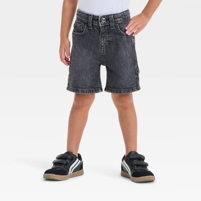 Baby Boys' Button Front Carpenter Denim Shorts - Cat & Jack™ Black Wash 18M: Adjustable Waistband, Low-Rise, Stretch Denim