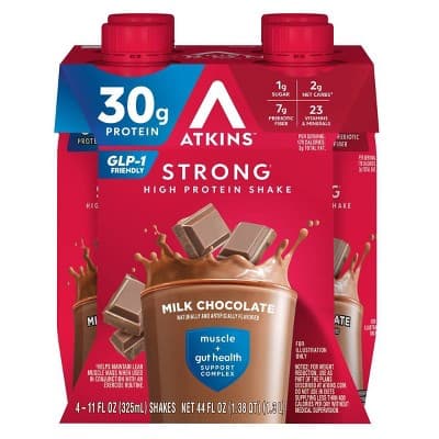 Atkins Strong 30g High Protein Shake - Milk Chocolate - 44 fl oz/4pk: Non-Caffeinated, Ready to Drink, Nutritional Drink, 30g Protein Per Serving