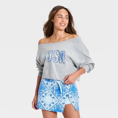 Women's Washed Jersey Americana Off The Shoulder Cropped Long Sleeve Top - JoyLab™ Gray M