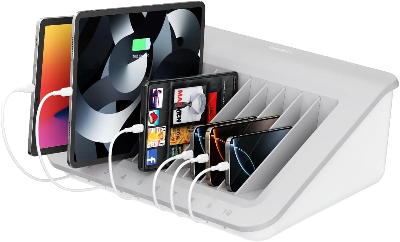 Belkin Charging Station for Laptops with Surge Protector - 10 Device USB Charging Dock for Tablets, Chromebooks – Cable Management for Classrooms, Offices, Tech Labs, Shared Spaces, & More, Grey