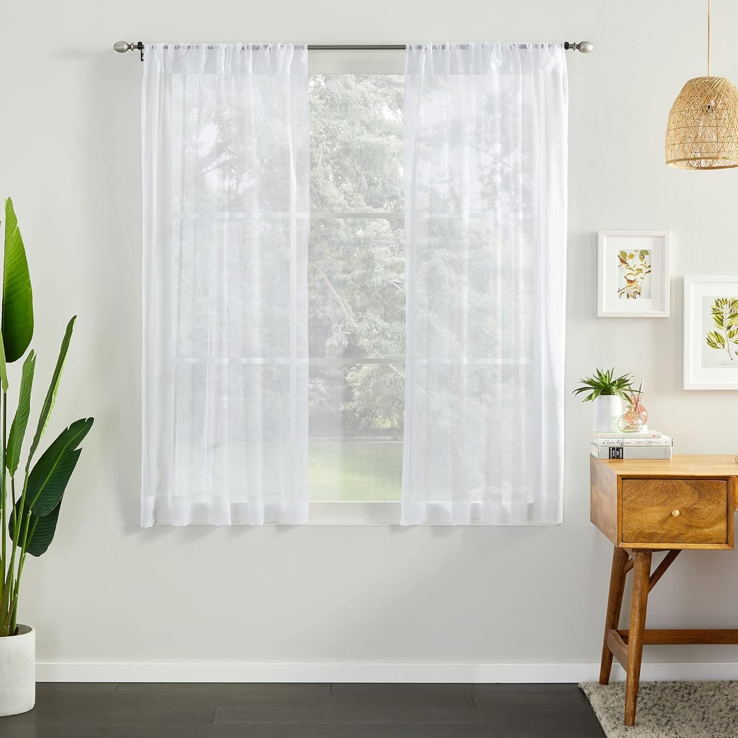 Linenspa Sheer Window Curtain Panels with Rod Pocket - 2 Pack-54 x 63 Inches-Light Filtering-White Sheer Voile Curtains - Dorm Room Essentials