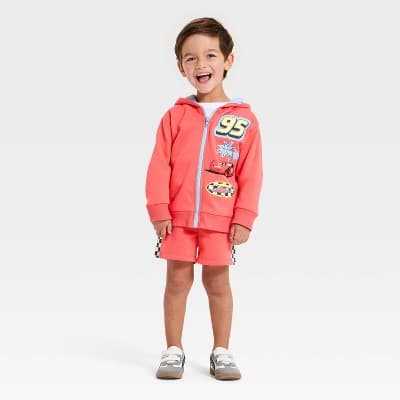 Toddler Boys' 2pc Disney Cars Lightning McQueen Zip-up Hoodie & Shorts Set - Red 12M
