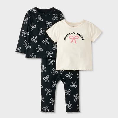 Baby Girls' Bow 3pc Top & Bottom Set - Cat & Jack™ Black/Cream 6-9M