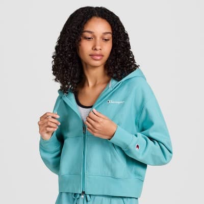 Champion Women's Cropped Fleece Zip-Up Sweatshirt - Teal Blue S