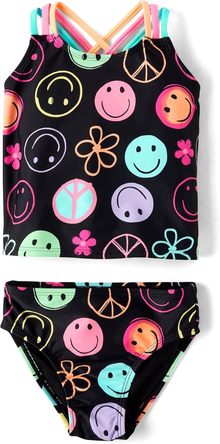 The Children's Place,Baby Girls,and Toddler 2 Piece Tankini Swimsuit,Black Doodle Icons,6 Months,9 Months