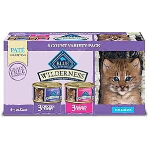 Save on 6-ct 3-oz Blue Buffalo Kitten Food (Chicken & Salmon)