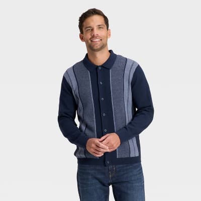 Men's Long Sleeve Jacquard Full Button Polo Sweater - Goodfellow & Co™ Blue S