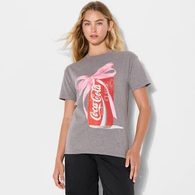 Women's Coca-Cola Bow Short Sleeve Graphic T-Shirt - Gray XL