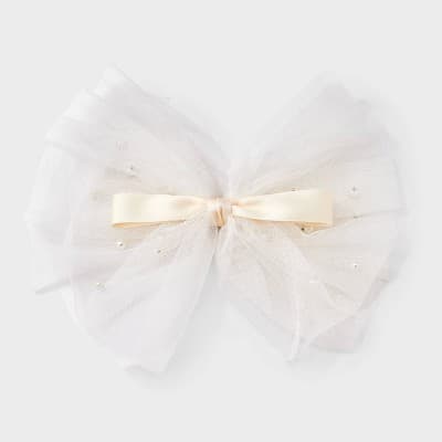 Satin Pearl Tulle Tail Bow Hair Barrette - A New Day™ Ivory