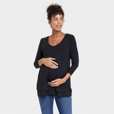 3/4 Sleeve Scoop Neck Nursing Maternity T-Shirt - Isabel Maternity by Ingrid & Isabel™ Black XS: Pullover Knit Top
