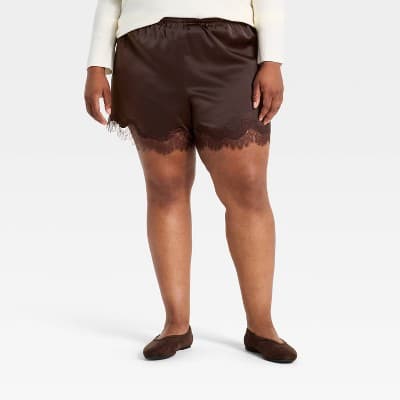 Women's Fashion Pull-On Lace Trim Shorts 5" - A New Day™ Brown 1X