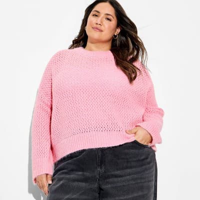 Women's Openwork Crewneck Pullover Sweater - Wild Fable™ Pink 1X