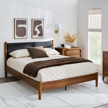 Better Homes & Gardens Greyson Queen Platform Bed, Black Faux Leather and Acorn Finish