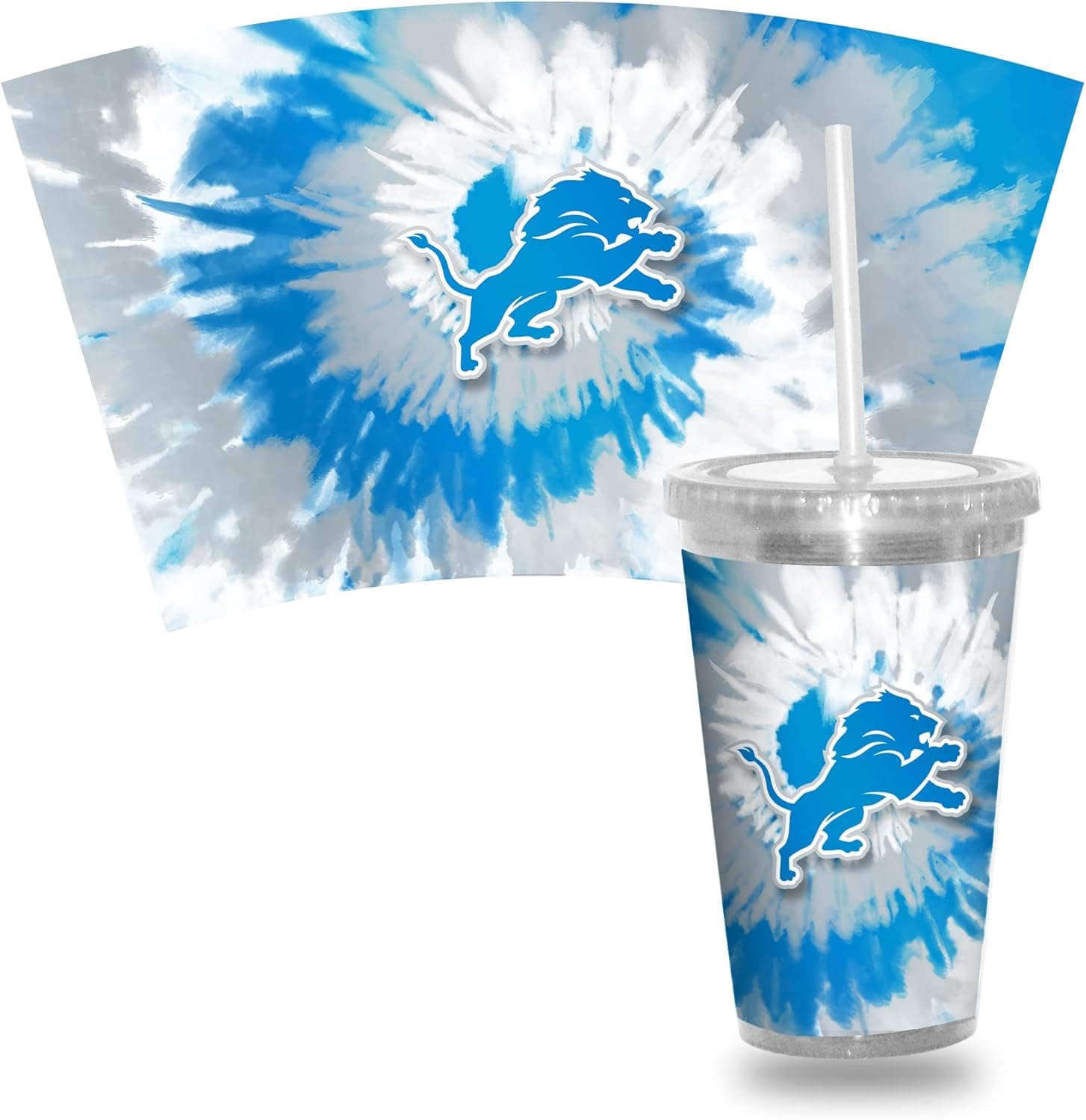 Rico Industries NFL Detroit Lions Metallic Tye Dye NFL Football Team 16oz Clear Tumbler W/Straw