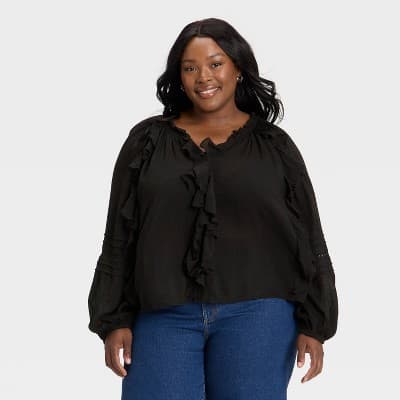 Women's Balloon Long Sleeve V-Neck Blouse - Universal Thread™ Black XXL