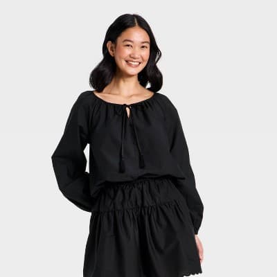 Women's Balloon Sleeve Tie-Front Top - A New Day™ Black M