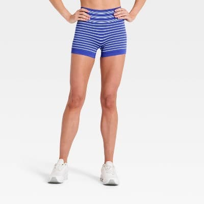 Women's Striped Seamless High-Rise Bike Shorts 3" - All in Motion™ Sensitive Blue XL