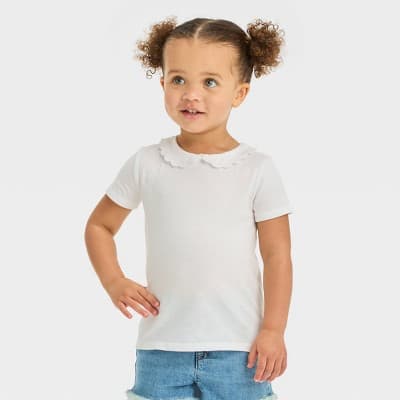 OshKosh B'gosh Toddler Girls' Peter Pan Short Sleeve Top - White 4T: Cotton-Polyester Blend, Collared, Machine Washable