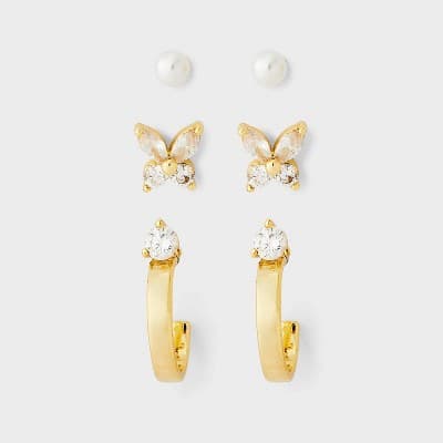 14K Gold Plated Pearl, Butterfly, and Hoop 3pc Set - A New Day™ Gold