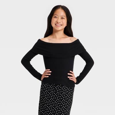 Girls' Off the Shoulder Long Sleeve Knit Top - art class™ Black XS