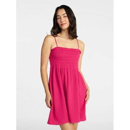 Time and Tru Women's and Women's Plus Smocked Cotton Mini Dress Coverup, Sizes XS-3X