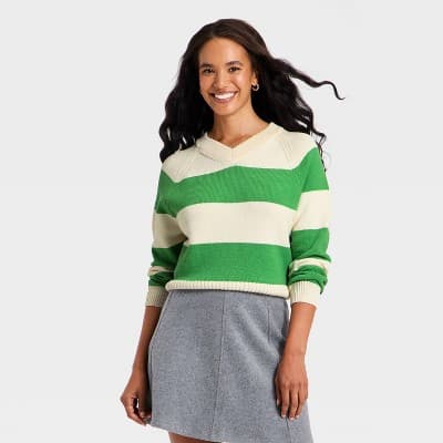 Women's Long Sleeve High V-Neck Pullover Sweater - A New Day™ Green XL