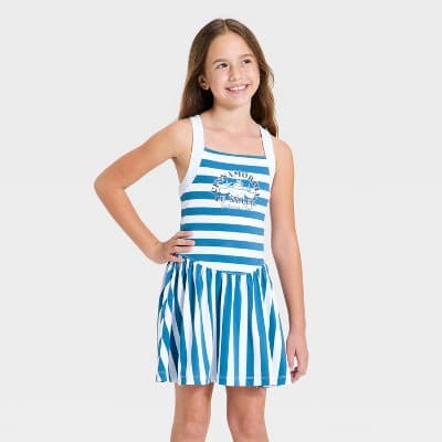 Girls' Sanrio Cinnamoroll Cabana Club Striped Athletic Dress - Blue/White XL