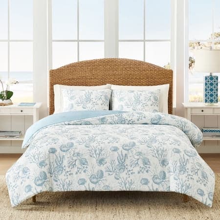 Coastal Living 3-Piece Lightweight 100% Cotton Blue & White Ocean Print Comforter Set, Full/Queen