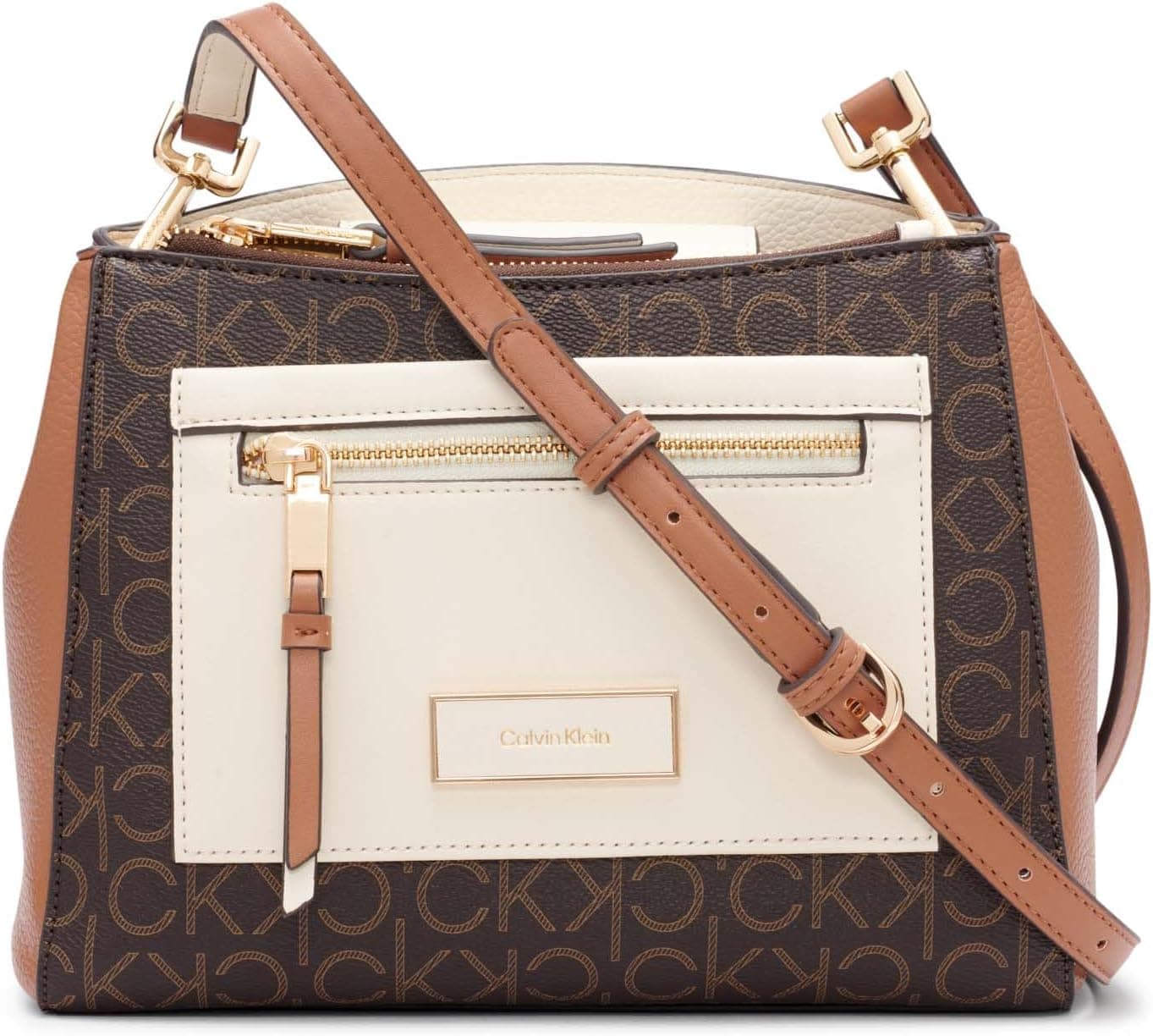 Calvin Klein Hadley Triple Compartment Crossbody, Brown/Khaki/Caramel/White, One Size