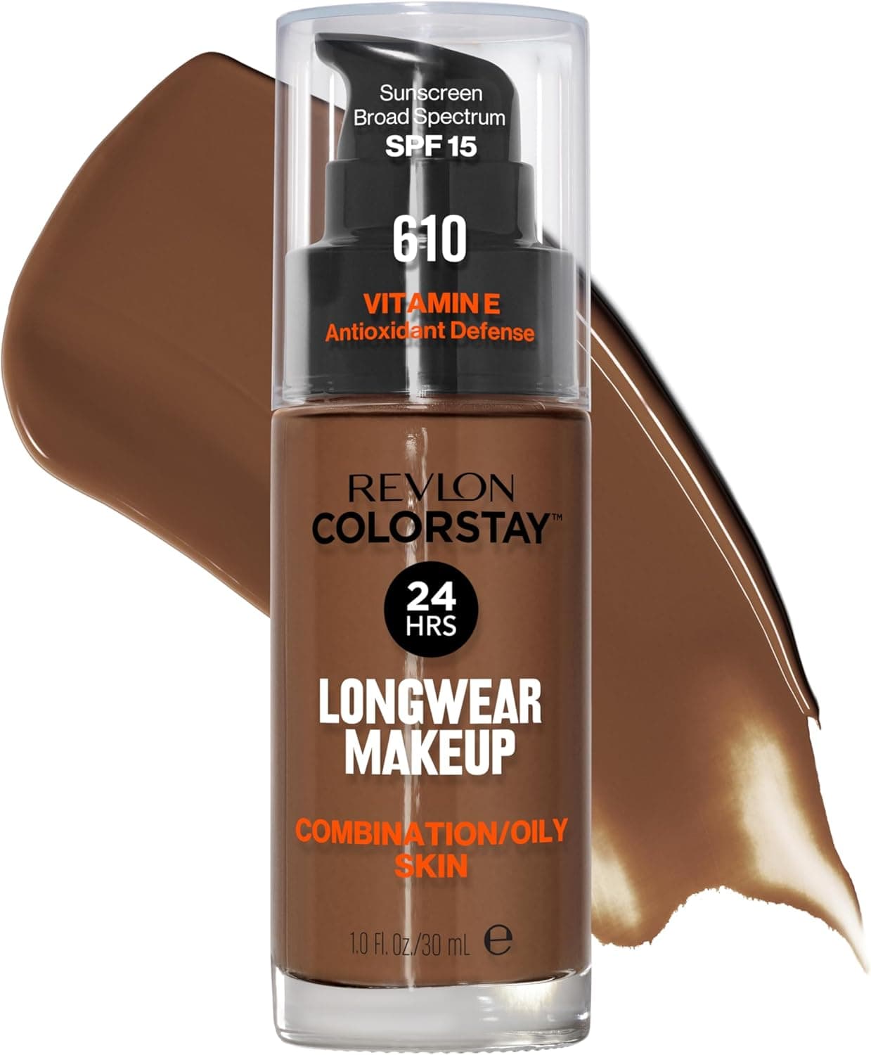 Revlon Liquid Foundation, ColorStay Face Makeup for Combination & Oily Skin, SPF 15, Medium-Full Coverage with Matte Finish, Espresso (610), 1.0 oz