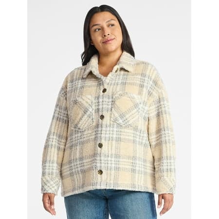Terra & Sky Women's Plus Size Cozy Button Front Shacket with Long Sleeves, Sizes 0X-5X