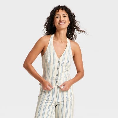 Women's Striped Halter Denim Vest - Universal Thread™ White XXL