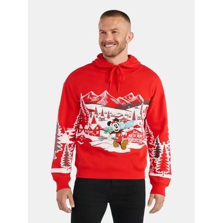 Disney Mickey Mouse Apres Ski Men's and Big Men's Graphic Hoodie Emboridered Sweatshirt, Sizes S-3XL