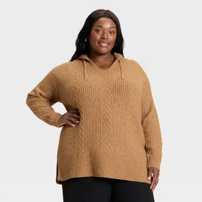 Women's Cozy Cable Hooded Tunic Sweater - Ava & Viv™ Brown 4X