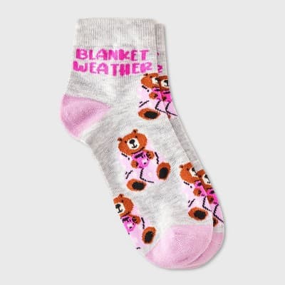 Women's 'Blanket Weather' Bear Ankle Socks - Light Heather Gray/Purple 4-10