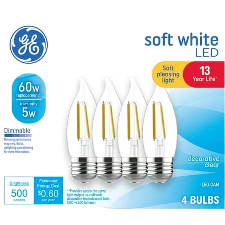 GE LED Light Bulbs, 60 Watt, Soft White, CA11 Bulbs, Medium Base, Clear Finish, 13yr, 4pk