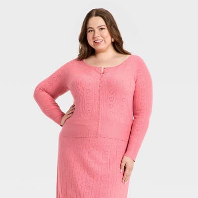 Women's Valentine's Long Sleeve Pointelle Heart Cardigan - A New Day™ Pink XXL