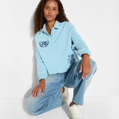 Women's NYC Button-Front Graphic Pullover Sweatshirt - Light Blue M