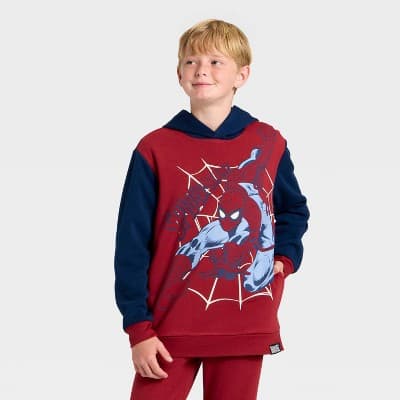 Boys' Marvel Spider-Man Colorblock Fleece Hooded Sweatshirt - Maroon/Navy Blue XS
