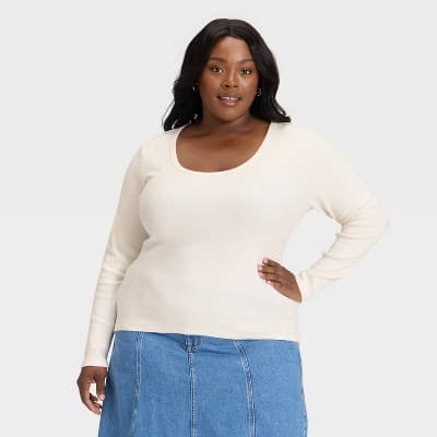 Women's Slim Fit Long Sleeve Scoop Neck Ribbed T-Shirt - Universal Thread™ Cream XXL