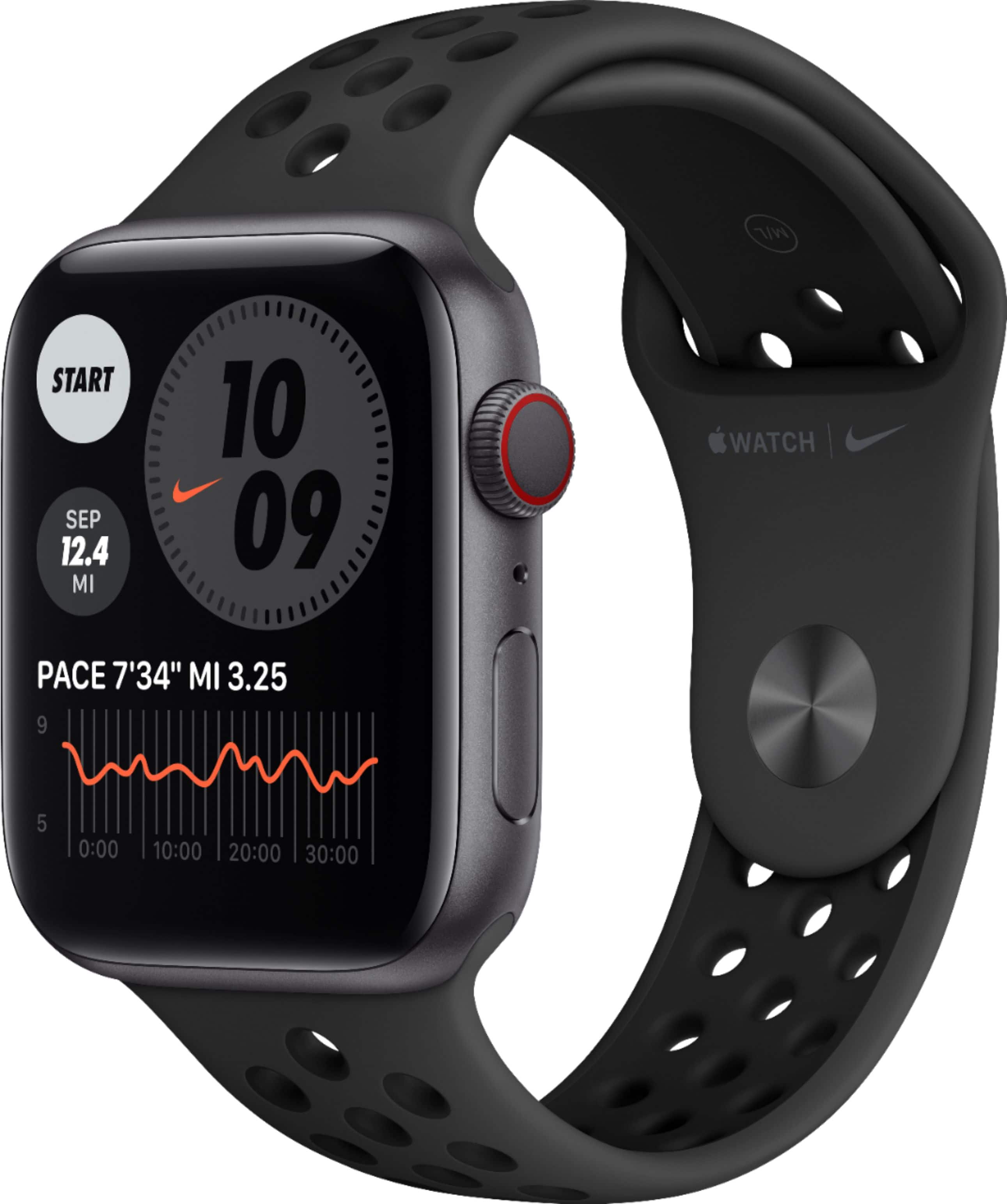 Geek Squad Certified Refurbished Apple Watch Nike Series 6 (GPS + Cellular) 44mm Aluminum Case with Nike Sport Band - Space Gray - (2020)