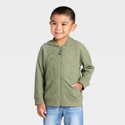 Toddler Boys' Waffle Knit Zip-Up Hoodie - Cat & Jack™ Olive Green 12M