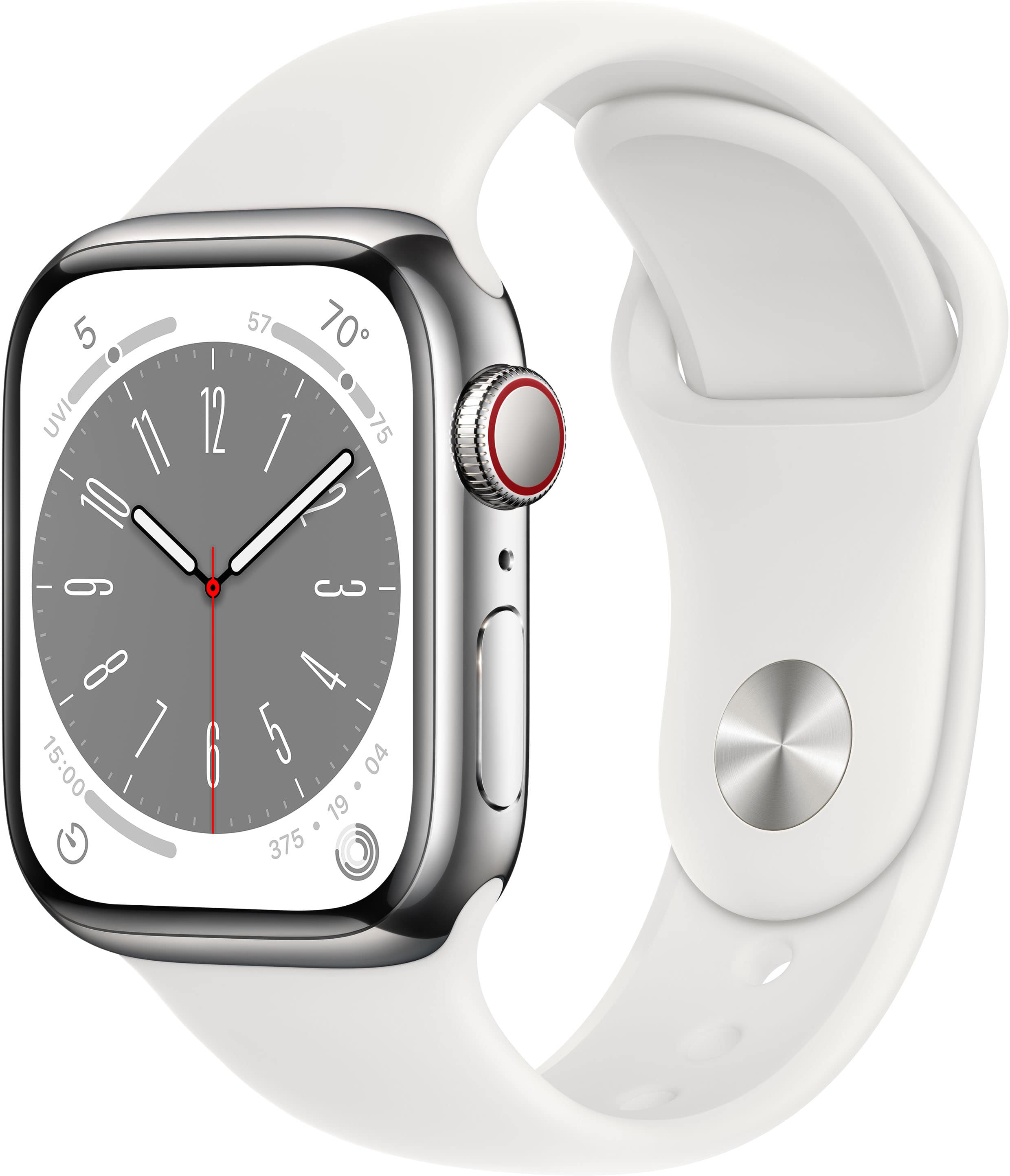 Refurbished Apple Watch Series 8 GPS + Cellular 41mm Silver Stainless Steel Case with White Sport Band - M/L - Silver - (2022)