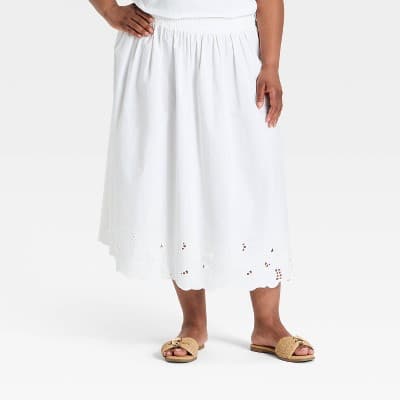 Women's Embroidered Eyelet Midi A-Line Skirt - Ava & Viv™ White 2X