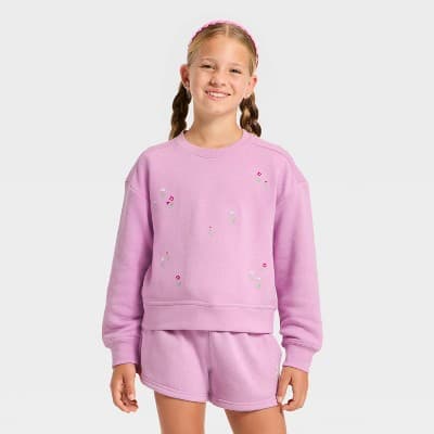 Girls' French Terry Embroidered Floral Pullover Sweatshirt - Cat & Jack™ Dusty Lilac Purple M