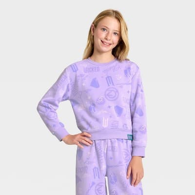 Girls' Wicked Icons Printed Crewneck Fleece Sweatshirt - Purple M