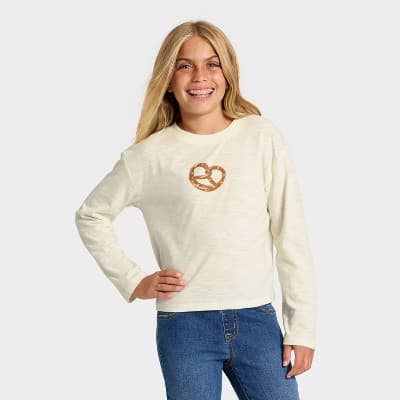 Girls' Long Sleeve Pretzel Relaxed Fit Graphic T-Shirt - Cat & Jack™ Cream S
