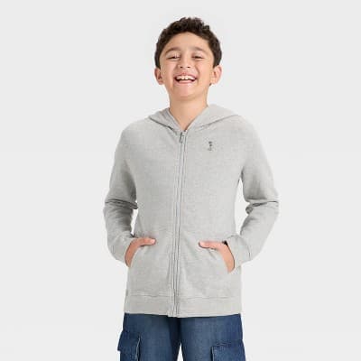 Boys' Full-Zip Relaxed Fit French Terry Hoodie - Cat & Jack™ Light Gray M