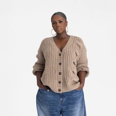 KBB by KAHLANA Women's 'The Cable Mix Cardi' - Tan 3X